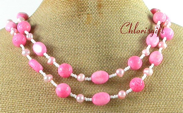 Handmade PINK CORAL & FRESH WATER PEARL 2ROW NECKLACE