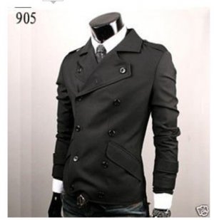 Mens Slim Fit Double Breasted Cotton Coat Jacket BLK, Fashion coat