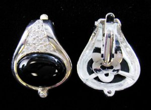 Earrings Large Onyx & CZ Solid Sterling Silver Clip-On