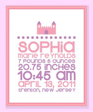 Customized Baby Girl Birth record print with color options