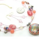  N/E SET / 3ROW / CORD / LUCITE BEAD / ITALIAN GLASS BEAD / HOLLOW METAL CHARM