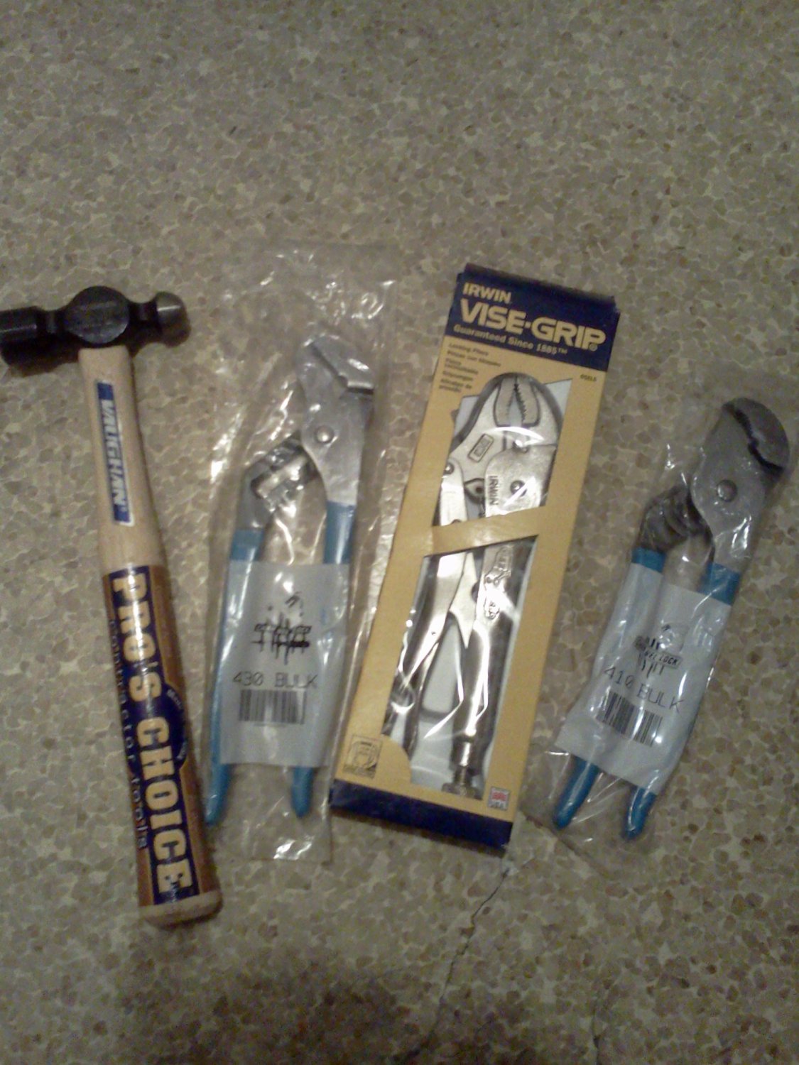 Channel lock model 410 & 430, Vaughan ball pen hammer , & Irwin vise grips