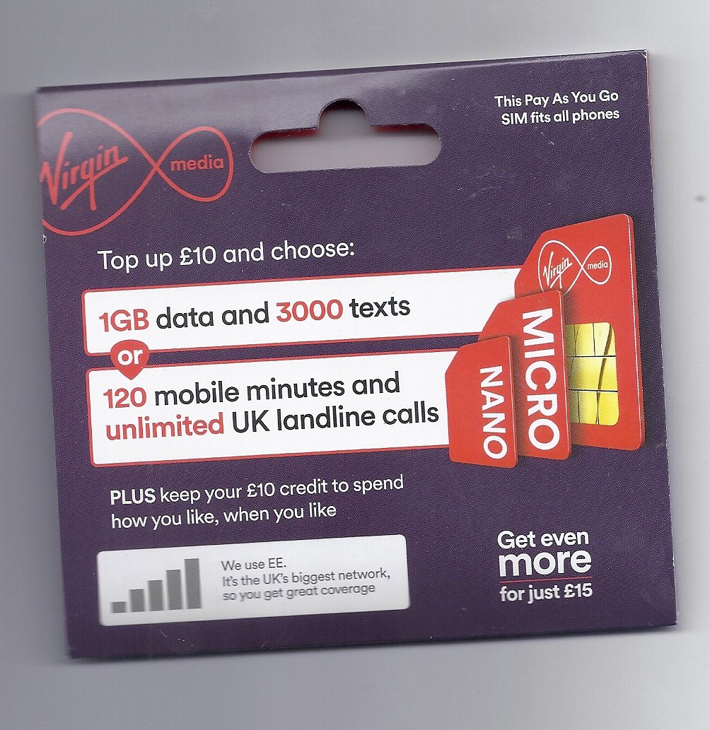 UK VIRGIN MEDIA PAY AS YOU GO TRI CUT GSM SIM CARD