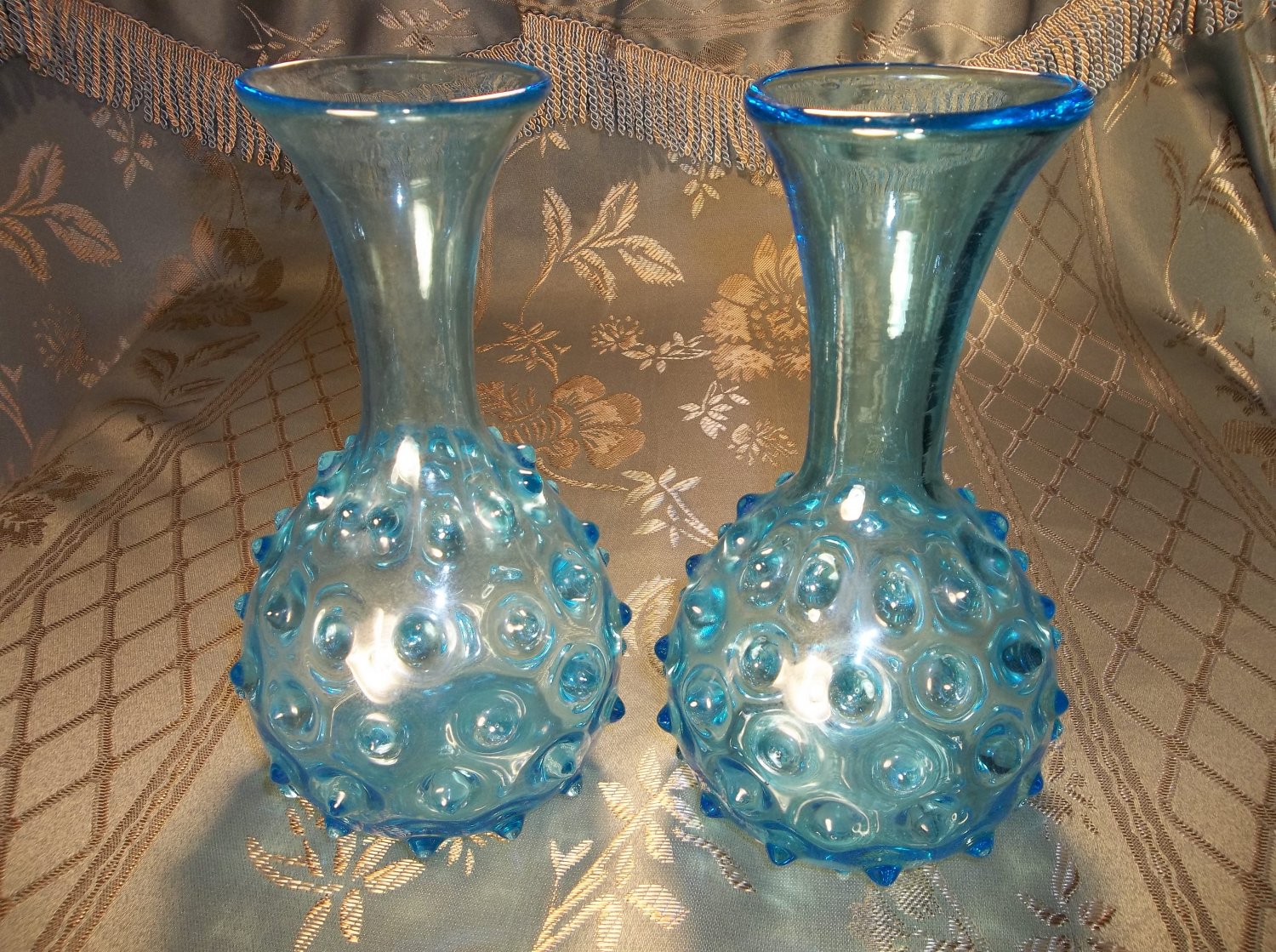 Pair of Hobnail blue glass vases. antique, vintage depression glass