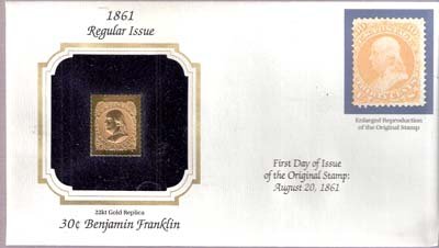 1861 30 Cent Benjamin Franklin 22kt Gold Replica Stamp