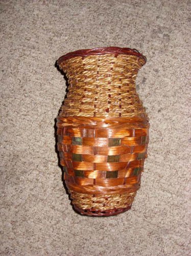 Primative Sandstone Vase in Wooden Weave