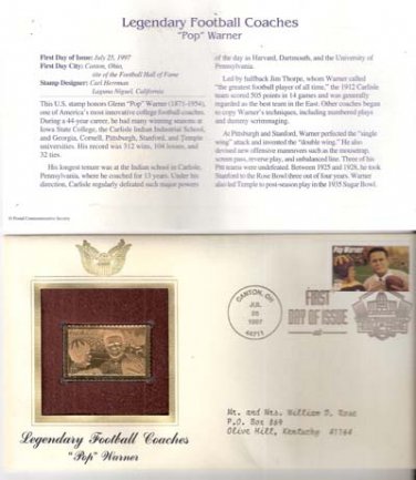 1997 First Day Issue 32-cent Football Coach Pop Warner Stamp & 22kt Gold Replica