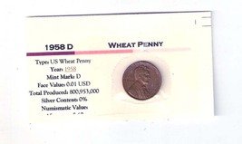 1958 D Wheat Cent , Copper Penny , Circulated United States Currency