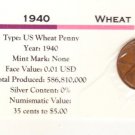 1940 Wheat Cent , Copper Penny , Circulated United States Currency