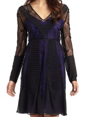 NEW BCBG MAXAZRIA CHARLOTTE BLACK PURPLE LACE PINTUCKED CHIFFON DRESS