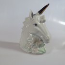 Glazed Porcelain Unicorn Head with Gold Horn and Pastel Flowers 6 1/4" High