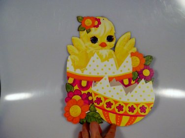 Vintage Chick Sitting in Broken Egg Flowers Easter Die Cut Cardboard Decoration