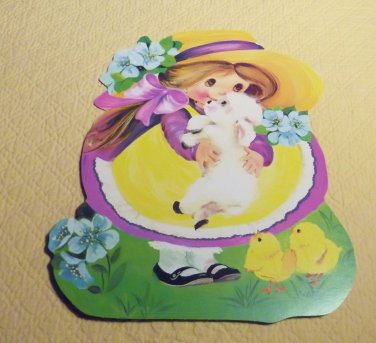 Vintage Easter Die Cut Cardboard Decoration Eureka Girl Holding Lamb Chicks