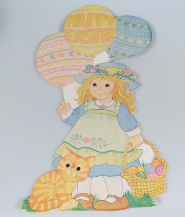 Vintage Easter Die Cut Cardboard Decoration Girl Balloons Kitten Cat Basket Eggs