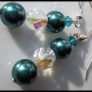 Artisan hand-made teal dangle earrings with Swarovski Crystals