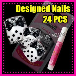 24 Foot beauty French Toe False Nails Tips 3D BOW TIE PEARL DOTS FREE GLUE
