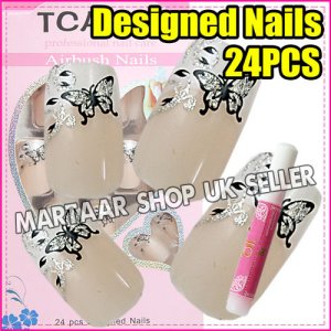 NEW Hand Beauty Glitter Butterfly French False Nail Full Tips 24pcs @C FREE GLUE