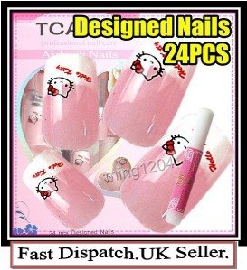 24PC PRE DESIGNED hand beauty acrylic fake Nail Art Ladies Pink Cat Tips + Glue.