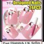 24PC PRE DESIGNED hand beauty acrylic fake Nail Art Ladies Pink Cat Tips + Glue.