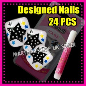 24 Foot Beauty Pre-Design French Toe False Nails Tips GLITTER STARS