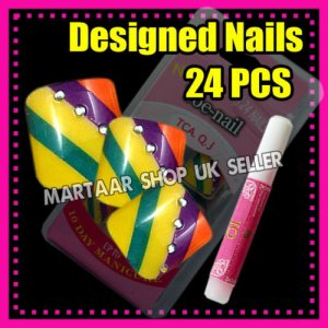 24 Foot Beauty French Toe False Nails Tips DIAGONAL STRIPE W/ PERAL FREE GLUE