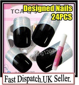 24pc Fancy Pre Designed hand beauty acrylic fake NailArt Glitter False Tips+Glue