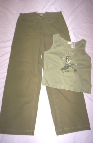 JUNIORS 9 OLIVE GREEN WIDE LEG PANTS & BONUS SHIRT EUC