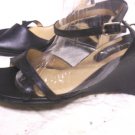 WOMENS 9.5 M BLACK LEATHER WEDGE HEELS ANKLE WRAP EUC