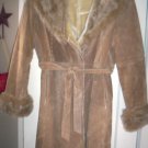 WOMENS LARGE JONES NEW YORK BELTED SUEDE MAXI LENGTH COAT W/FAUX FUR