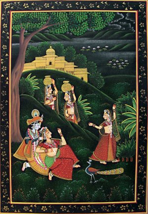 Shringar of Radha by Krishna - Cotton Cloth Miniature Painting