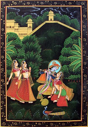 Radha Mesmerised by the Sound of Krishna's Flute - Miniature Painting on Cotton Cloth