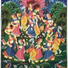 Raaslila - Krishna Dancing with Radha and Gopinis - Miniature Painting on cotton Cloth
