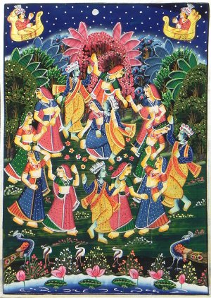 Raaslila - Krishna Dancing with Radha and Gopinis - Miniature Painting on cotton Cloth