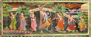 Krishna Dancing and Singing with Gopis - Miniature Painting on Cotton canvas