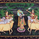 Gopala Krishna with Gwal bal and Cows - Miniature Paintig  on Cotton Canvas