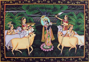 Gopala Krishna with Gwal bal and Cows - Miniature Paintig  on Cotton Canvas