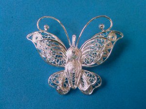 vintage butterfly broach pins - silver-red coated wings- silvermetal-rhinestones 2pcs