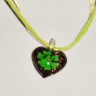Murano Glass Heart Pendant w/Flower Black/Green on Organza ribbon cord (LO17)