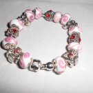 925 Silver European Style Charm/Murano Glass Bead Bracelet Pink & Red - B307