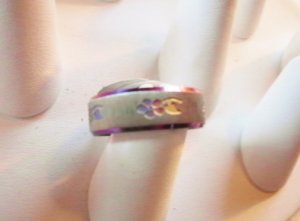Stainless Steel Ring Iridescent w/flower carved pattern - size 6.5 - R148-FL65