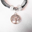 Tree of Life circle charm w/white murano glass beads on organza cord (Lon114)