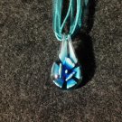 Murano Glass Teardrop Pendant w/Blue & White Flower  on Organza Ribbon Cord (LO11)
