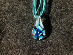 Murano Glass Teardrop Pendant w/Blue & White Flower  on Organza Ribbon Cord (LO11)