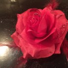 Glitter Feather Flower Hair Bow Clip Brooch Pin - Bright Red