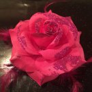 Glitter Feather Flower Hair Bow Clip Brooch Pin - Dark Pink
