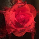 Glitter Feather Flower Hair Bow Clip Brooch Pin - Red