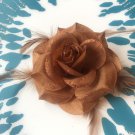 Glitter Feather Flower Hair Bow Clip Brooch Pin - Brown