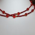 29 Inch Handcrafted Beaded Necklace. Red Round Beads With Red Seed Beads