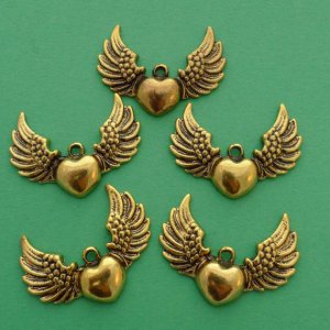 6pcs Antiqued Golden Winged Heart Pendants.