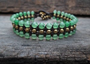 Triple Green Jade Brass Row Bracelet